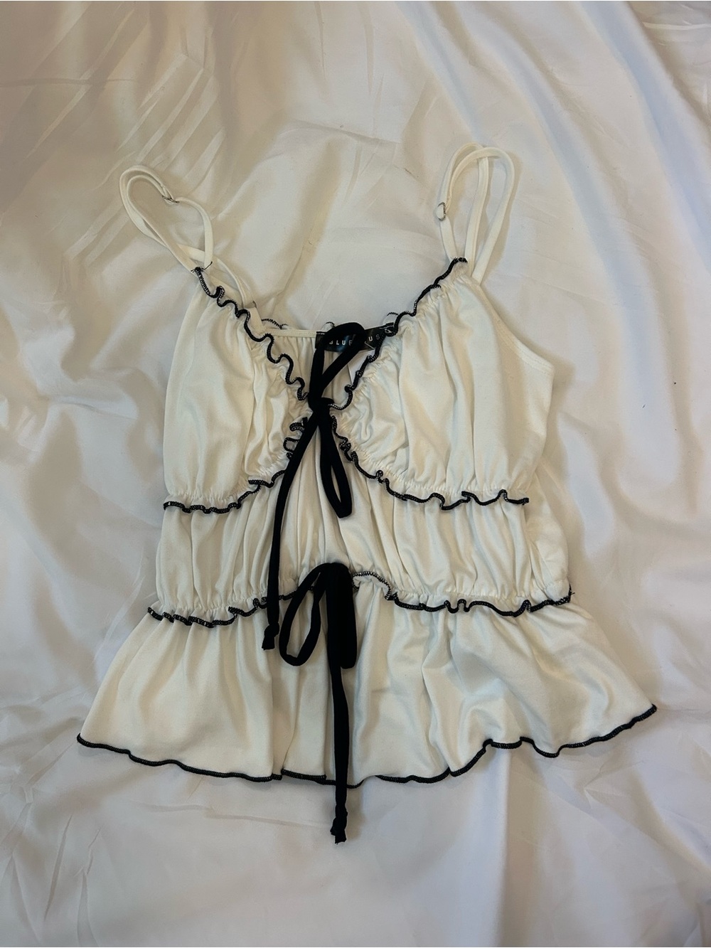 White Ruffle Tie-Front Cami Top with Black Trim
